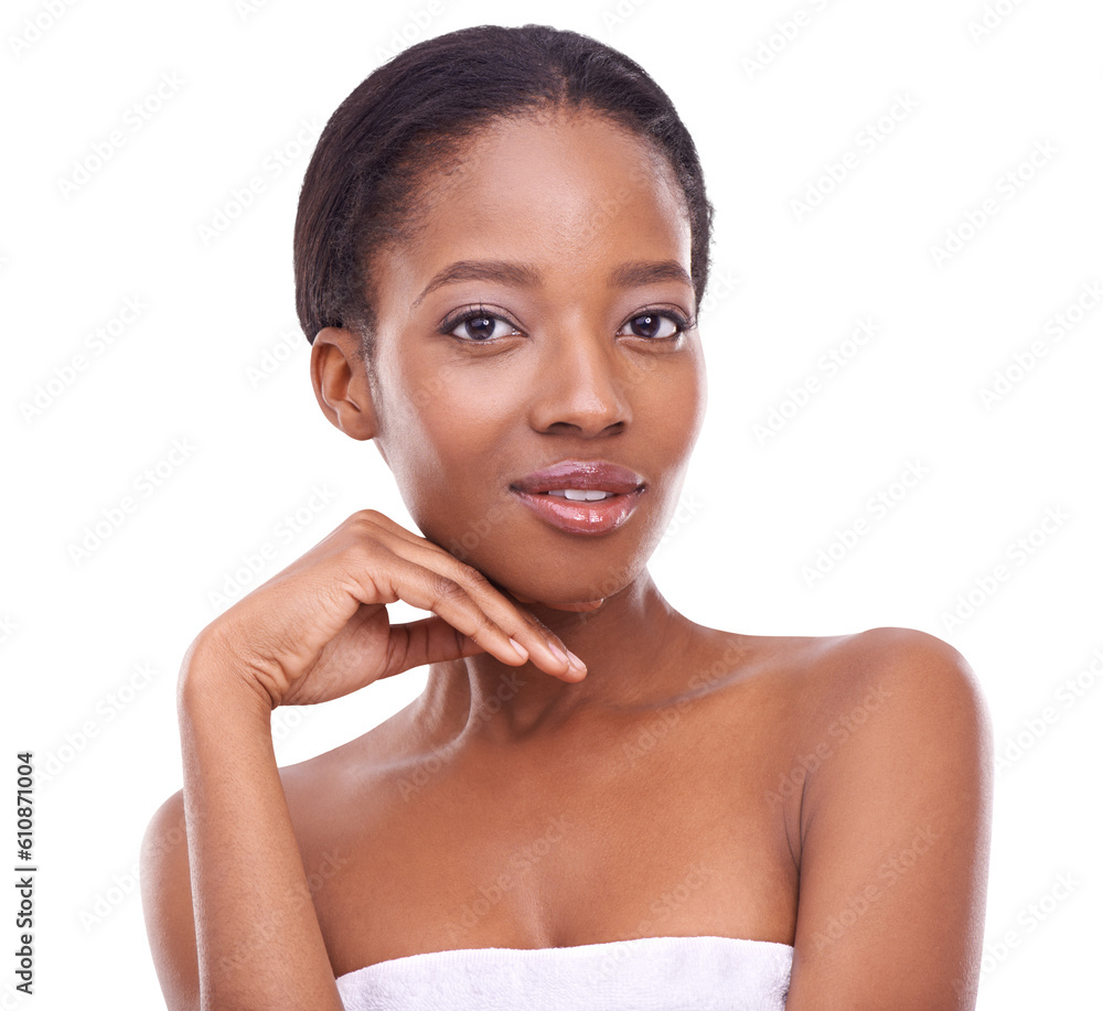 Εκτύπωση καμβά Happy black woman, portrait and face for skincare, beauty cosmetics or hygiene isolated on a transparent PNG background