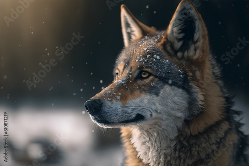 Portrait of wolf in he snow  generative ai