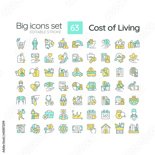 Cost of living RGB color icons set. Money expense. Price index. Basic need. Personal finance. Economic crisis. Isolated vector illustrations. Simple filled line drawings collection. Editable stroke