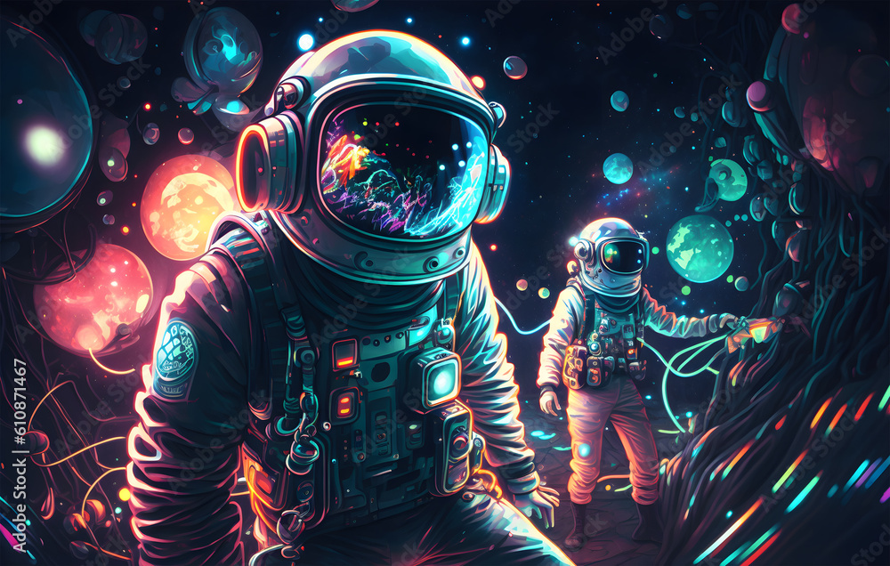 An astronaut in a space suit with planets in the background, generative ai An astronaut in a space suit with planets in the background, generative ai