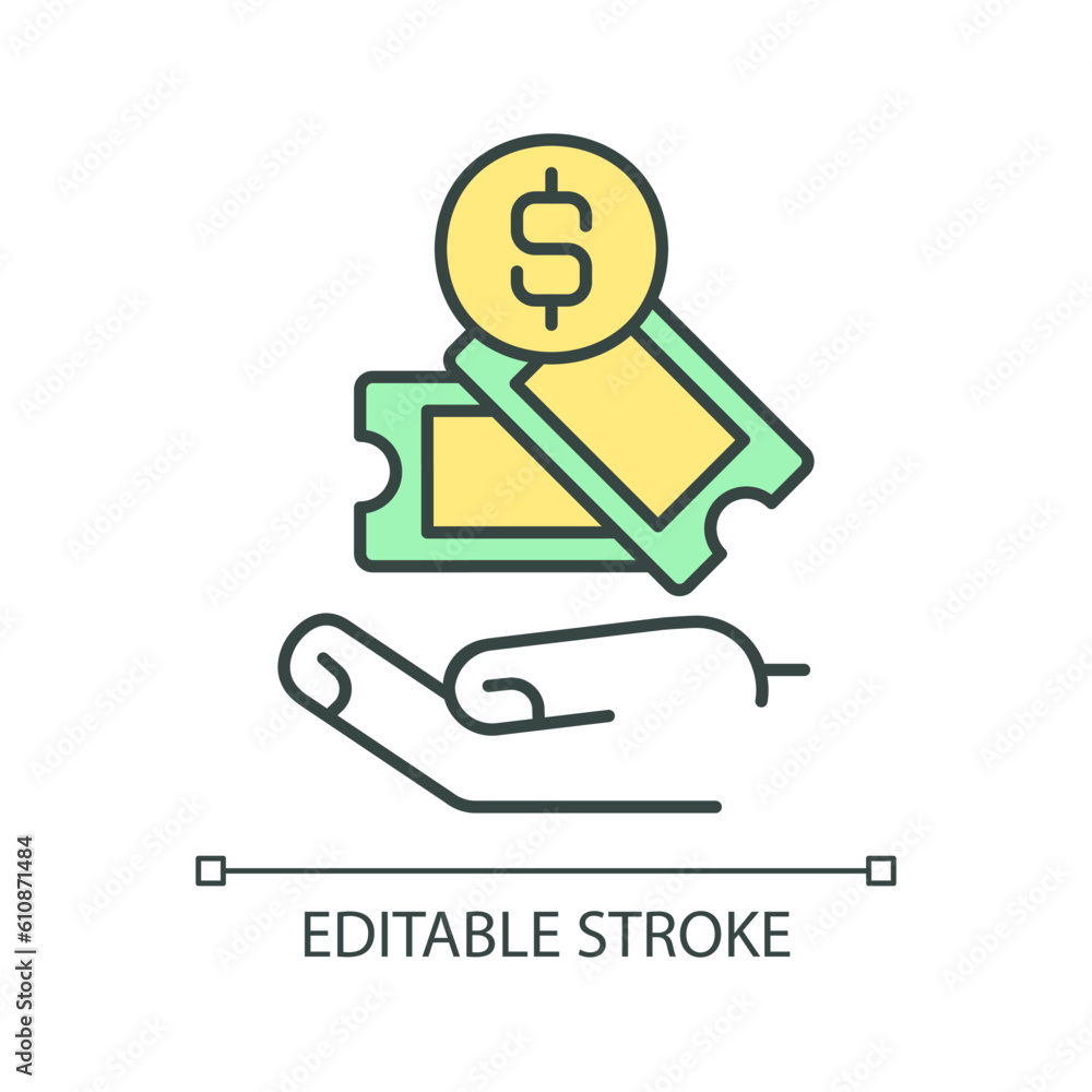 Entertainment expenses RGB color icon. Have fun. Leisure activity. Cultural event. Household budget. Personal finance. Isolated vector illustration. Simple filled line drawing. Editable stroke