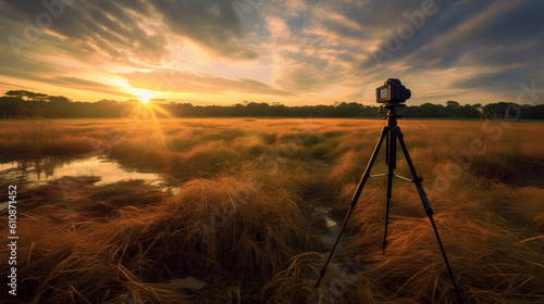Camera with Tripod in a Paddy Field during Golden Hour - Generative AI  photo
