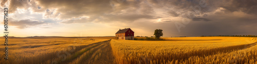Captivating golden wheat field panorama, swaying gently in the breeze, with a distant barn and dramatic sky backdrop. Evokes emotion, embraces agriculture tradition. Generative AI photo