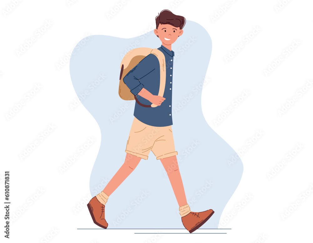 Young walking cheerful man. Student in shorts with a backpack, flat style vector isolated illustration.