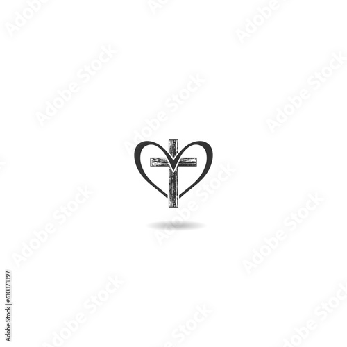 Religious cross and heart icon with shadow