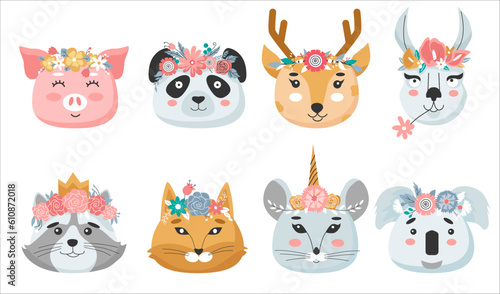 Animal heads in flower crowns set. Cute vector illustration for children design, poster, birthday greeting cards.