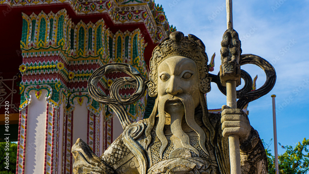 Epic warrior statue with moustache in Wat Pho Temple in Bangkok, Thailand.