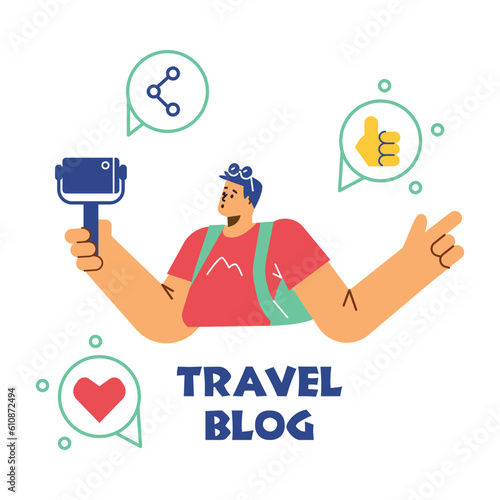 Man recording video or taking selfie for travel blog, flat vector illustration isolated on white background.