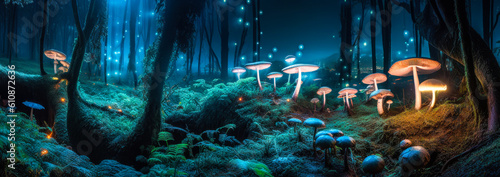 Captivating bioluminescent forest scene with glowing mushrooms and plants, casting an ethereal glow on the enchanting nocturnal landscape. Perfect for evoking wonder and emotions. Generative AI