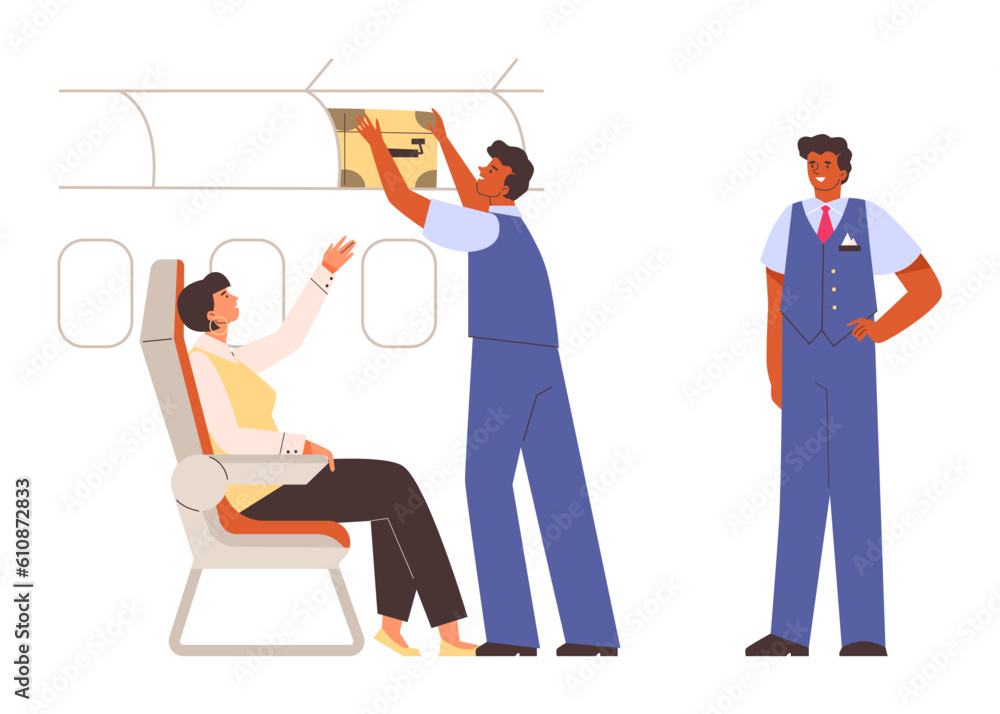 Male flight attendants helping passenger to put suitcase in overhead bin, flat vector illustration isolated on white.