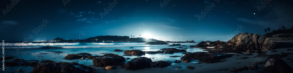 A moonlit beach, glistening waves lapping peacefully along the shore and its surface tinted by phosphorescent plankton - a magical sight. Generative AI