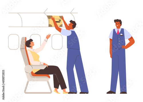 Male flight attendants helping passenger to put suitcase in overhead bin, flat vector illustration isolated on white.