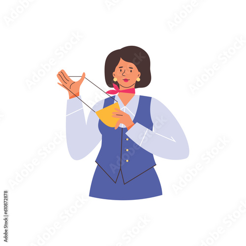 Flight attendant showing how to wear oxygen mask, flat vector illustration isolated on white background.