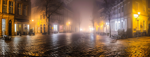 Captivating misty cityscape at night, warm streetlight glow reflected on cobblestone streets & historic buildings, sparking emotional connection. License now! Generative AI
