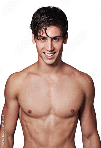 Portrait, muscle and man with cosmetics, self care and bodybuilder isolated against a transparent background. Face, male person or model with confidence, fitness and dermatology with png and grooming