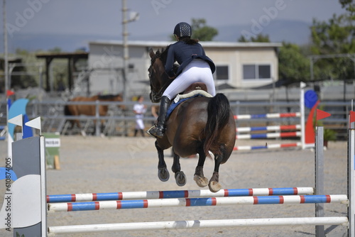 The rider on horse jumping over a hurdle during the equestrian