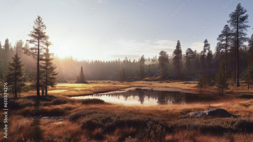 Warmy beautiful morning summer landscape with mist on river. Generative AI Warmy beautiful morning summer landscape with mist on river. Generative AI