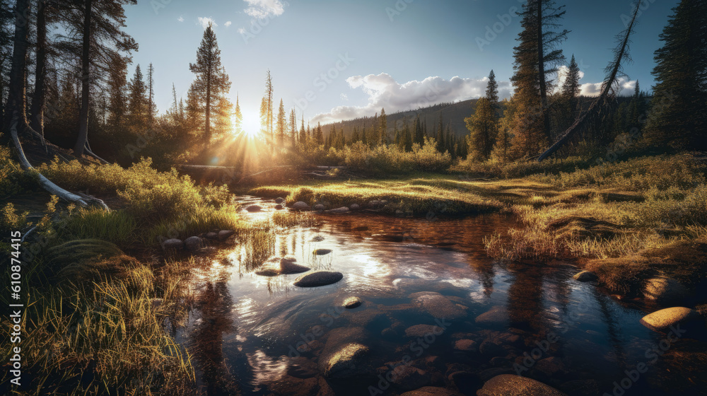 Warmy beautiful morning summer landscape with mist on river. Generative AI