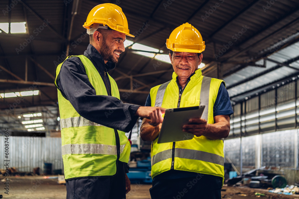 Workers Factory or Engineering work at factory site check up machine or products in site. Foreman or Technician checking Material or Machine on Plant. Heavy industry factory concept. Workers Factory or Engineering work at factory site check up machine or products in site. Foreman or Technician checking Material or Machine on Plant. Heavy industry factory concept.