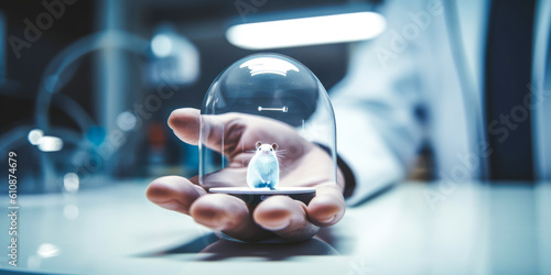 Captivating image of a man's hand gently holding a lab mouse, with a scientist in white coat background, evoking emotions and the reality of animal research. Generative AI photo