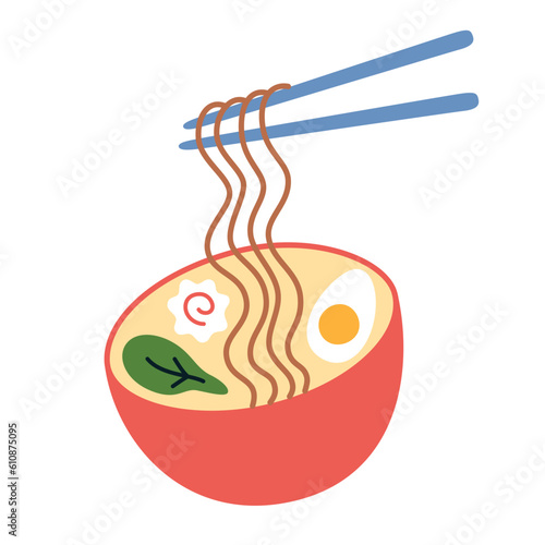Bowl with delicious ramen, hand drawn illustration of chopsticks with noodles, ramen shop icon, Asian cuisine vector clipart, Japanese and Korean ethnic food, noodle soup with egg, fish cake, spinach