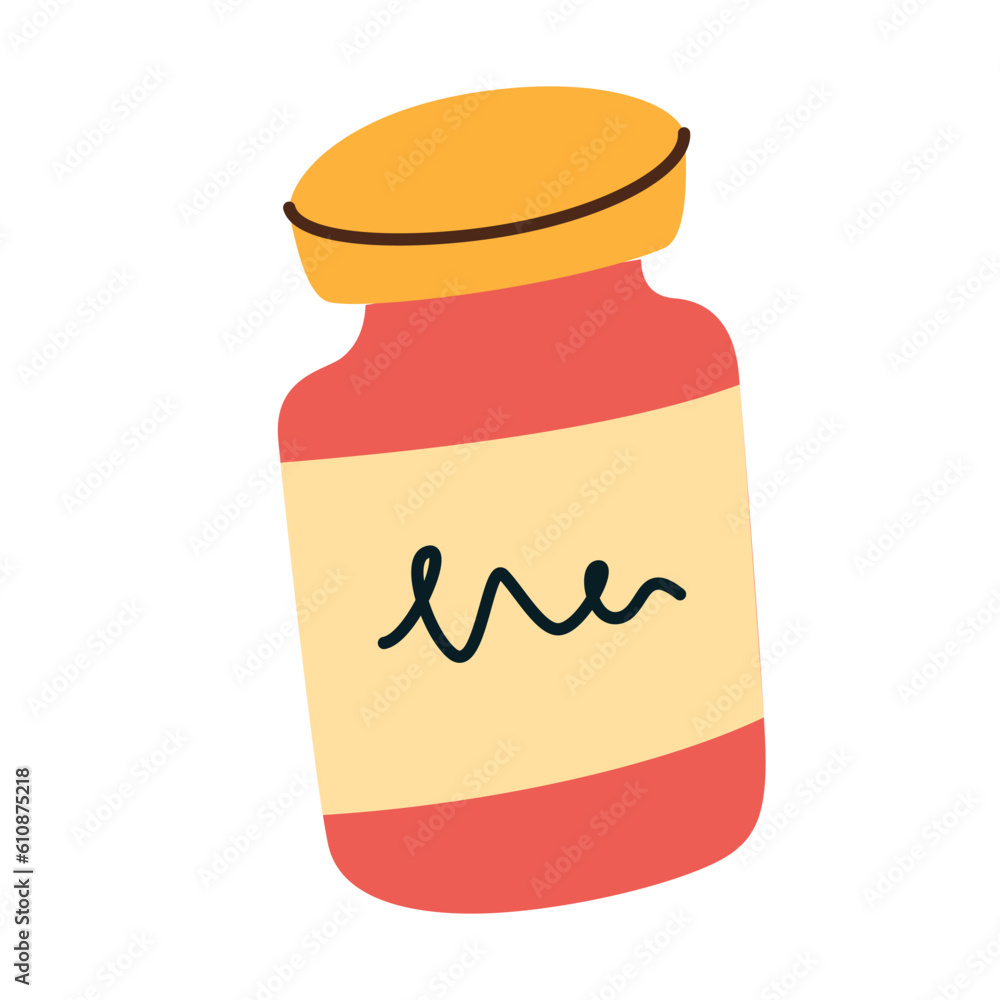 Sauce jar icon, vector doodle illustration of glass jar with jam, seasoning, ingredients for cooking, food, isolated colored clipart on white background