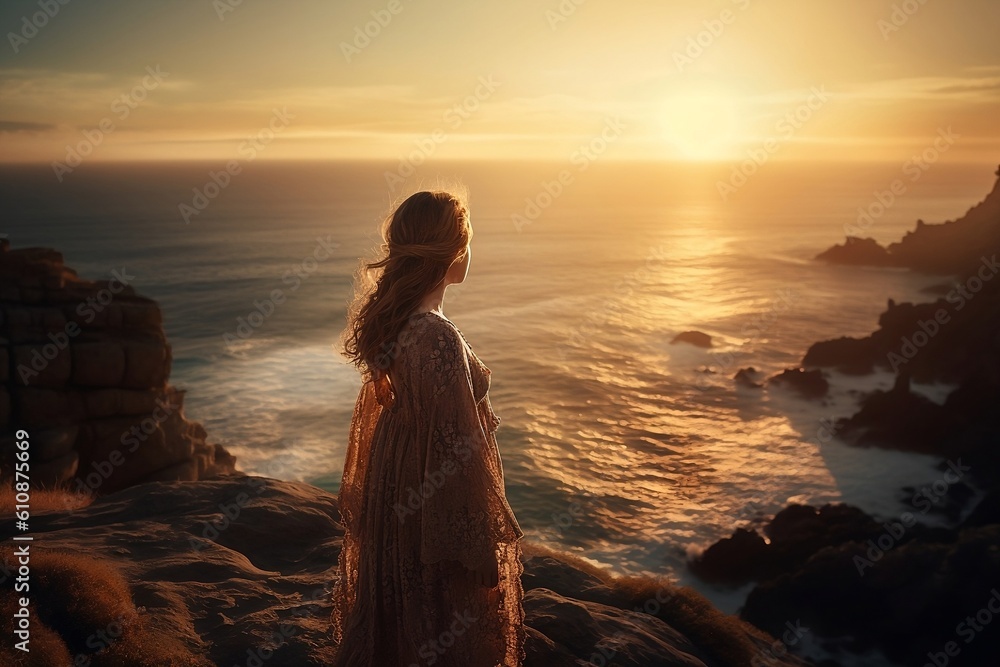 Female woman stands at the summit of a mountain chase looking at with a beautiful stunning amazing view of the ocean sunrise or sunset. Freedom and travel concept. Generative AI Technology