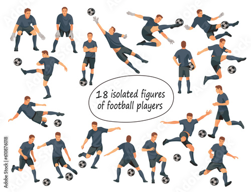 18 isolated figures of football players in black uniforms standing in the goal  running  hitting the ball  jumping