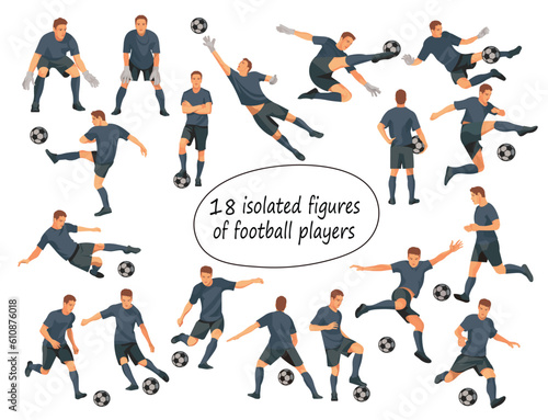 18 isolated figures of football players in black uniforms standing in the goal, running, hitting the ball, jumping