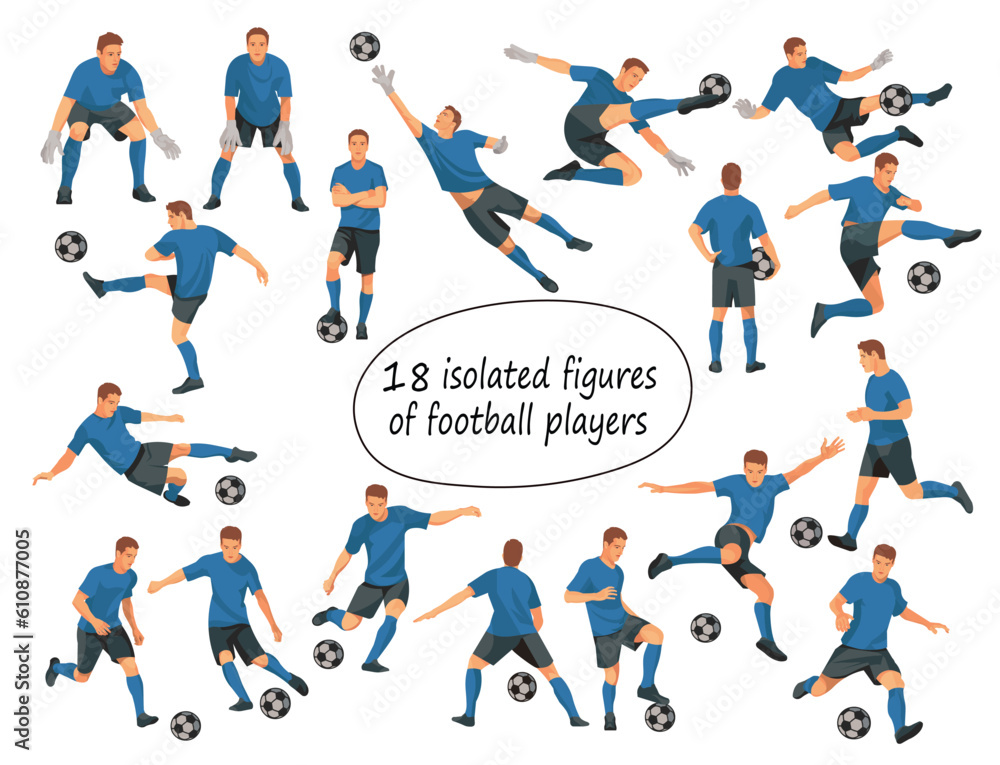 Vector figures of football players and goalkeepers team in blue T-shirts in various poses training, running, jumping, grabbing the ball on a white background