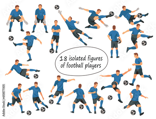Vector figures of football players and goalkeepers team in blue T-shirts in various poses training, running, jumping, grabbing the ball on a white background