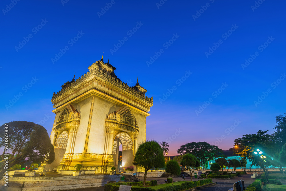 Vientiane Laos, night city skyline at Patuxai (Patuxay) the most famous landmark in Vientiane