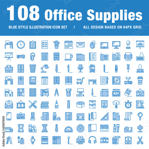 office supplies set of blue style icons for web and applications