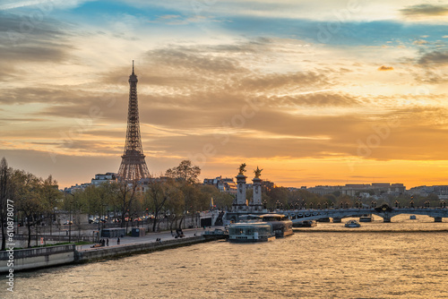 Paris France, sunset city skyline at Seine River with Pont Alexandre III bridge and Eiffel Tower