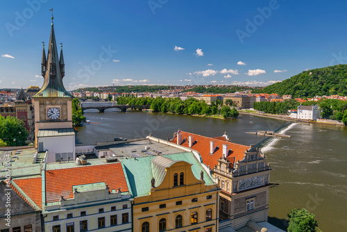 Photography Prague Czech Republic, high angle view city skyline at Clock Tower and Vltava Ri