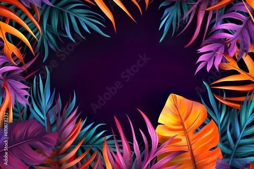 Colorful Tropical Leaves Border: Purple background with copy space. Generative AI.