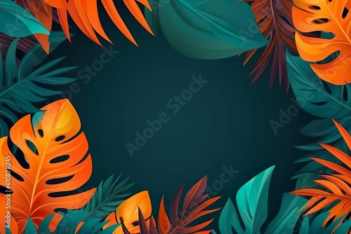 Colorful Tropical Leaves Border: Turquoise background with copy space. Generative AI.