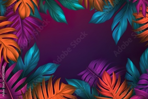 Tropical Leaves Border  Purple background with copy space. Generative AI.