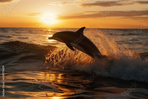Portrait of a beautiful dolphin jumping on the waves in sunrise or sunset time. Clear blue ocean water. Holiday  leisure activities for travellers  nature attractions of south countries. Generative AI