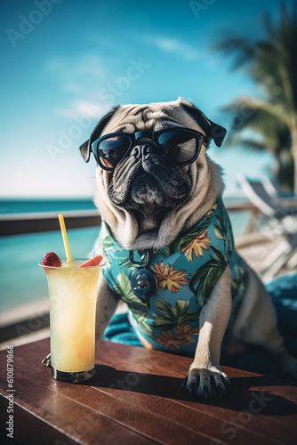 Pug dog relaxing in sunglasses sunbathing at seaside resort and wear a Hawaiian shirt lounging on deck chair with fruity cocktail. Vacation rest in hot country beach concept. Generative AI Technology © Valeriia
