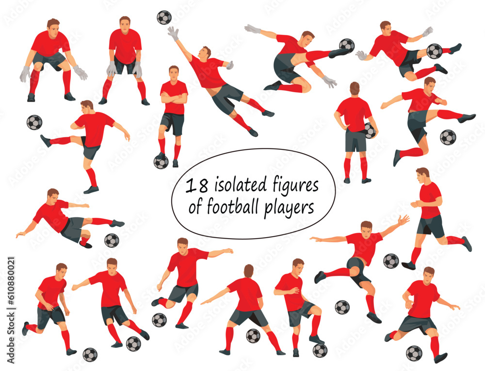 18 isolated figures of football players and goalkeepers in red uniforms standing in the goal, running, hitting the ball, jumping