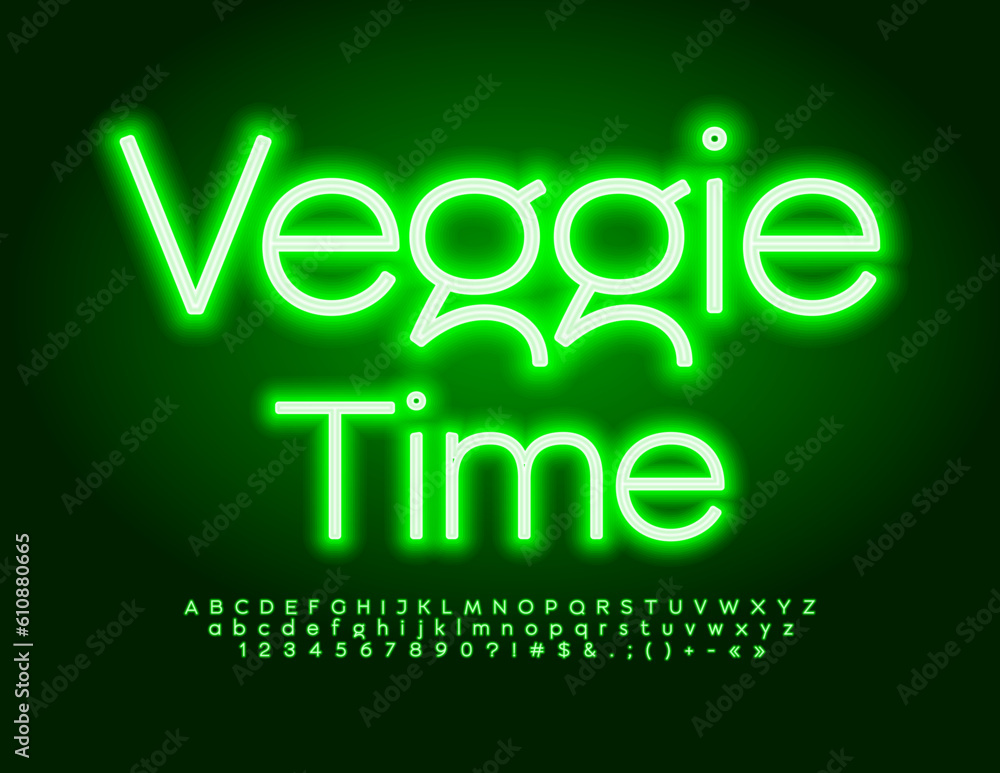 Vector Neon Sign Veggie Time. Green Glowing Font. Creative Alphabet Letters, Numbers and Symbols set
