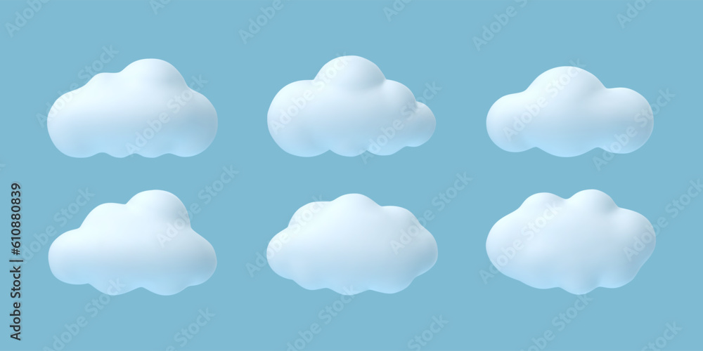3d clouds. White cartoon cloud in summer, spring blue sky, fluffy cumulus shapes. Abstract balloon elements isolated vector set