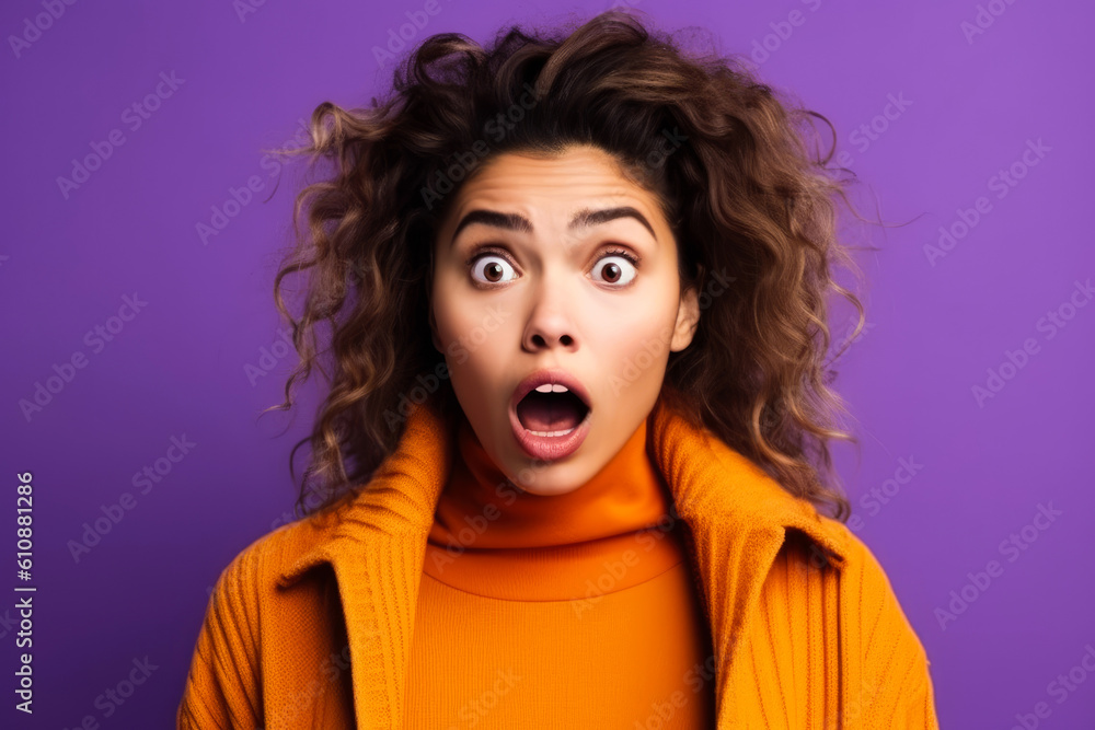 Portrait of a surprised girl on a studio purple isolated background. A shocked young brunette woman with lush curly hair in a bright orange sweatshirt. Generative AI. Portrait of a surprised girl on a studio purple isolated background. A shocked young brunette woman with lush curly hair in a bright orange sweatshirt. Generative AI.