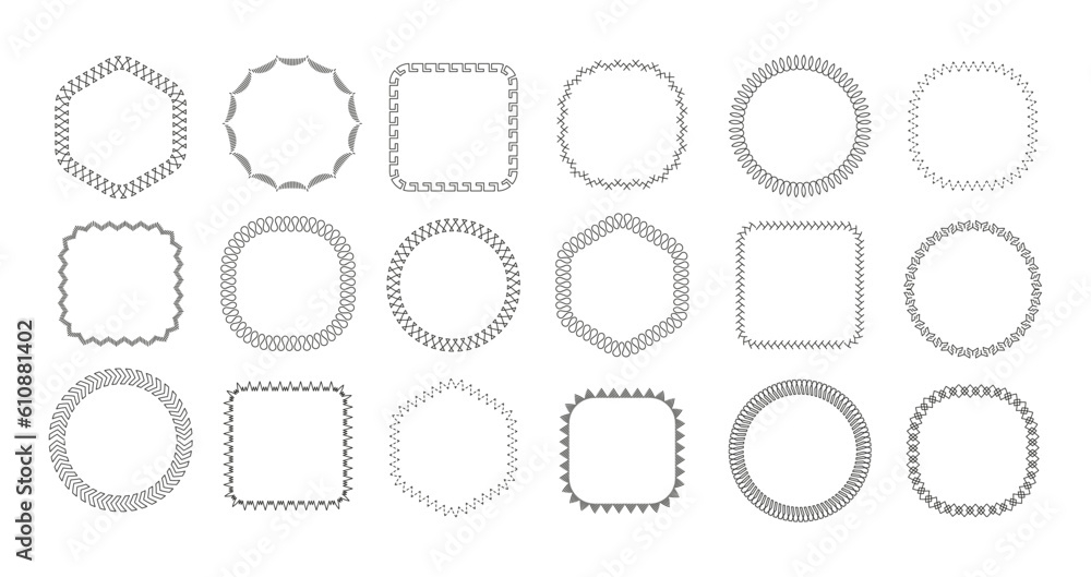 Sew stitch frame. Embroidery sewing seam frames, thread stiches borders, sewed machine seams shapes, ornamental napkin. Vector set - obrazy, fototapety, plakaty 