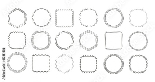 Sew stitch frame. Embroidery sewing seam frames, thread stiches borders, sewed machine seams shapes, ornamental napkin. Vector set photo