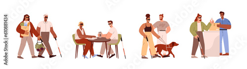 Set of blind people in dark glasses flat style, vector illustration