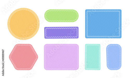 Cloth patches with stitches. Different color fabric badge, textile label with sew seams. Patchwork. Canvas shapes on white background. Vector set