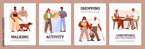 People with visual impairment and blindness living everyday life, posters set, flat vector illustration.