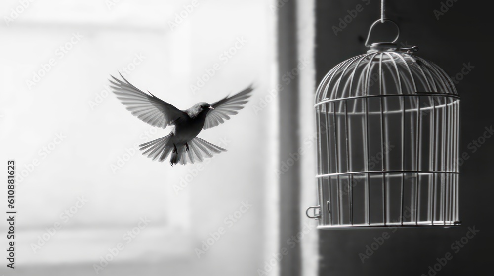 Fototapeta premium Bird cage empty, bird escape, freedom concept, Generative AI